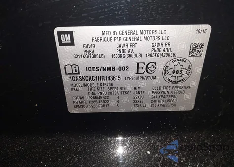 2017 Chevrolet Tahoe Premier from USA, damaged, VIN 1GNSKCKC1HR143615